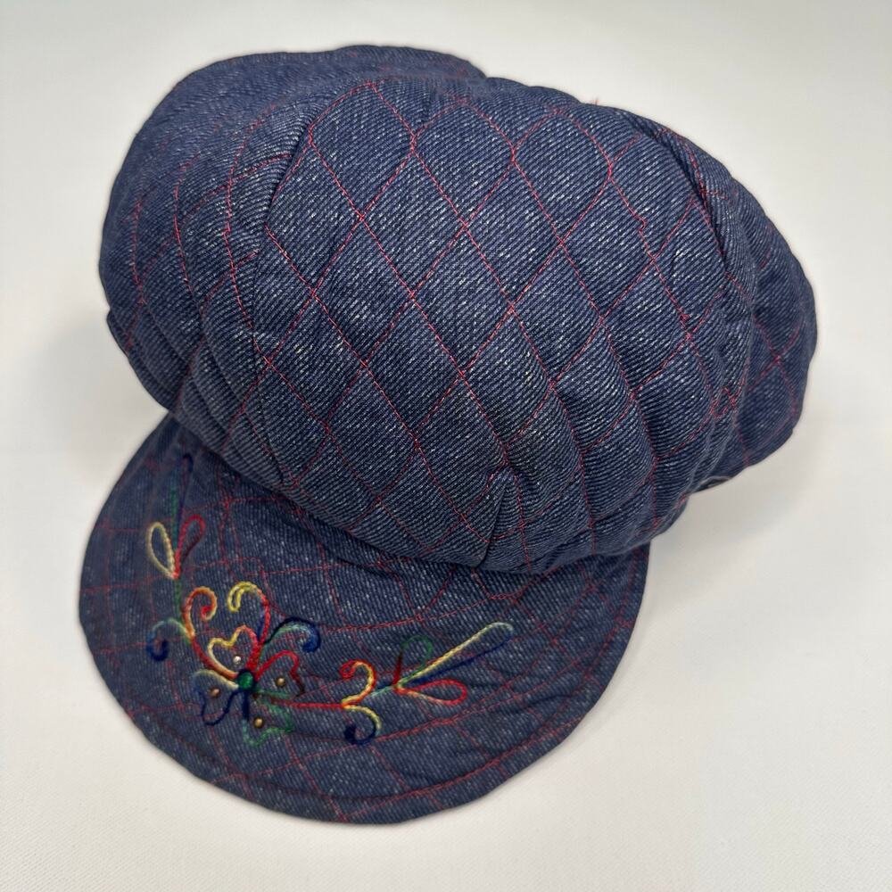 Vintage 1970’s Denim Quilted Newsboy Cap with Embroidered Brim